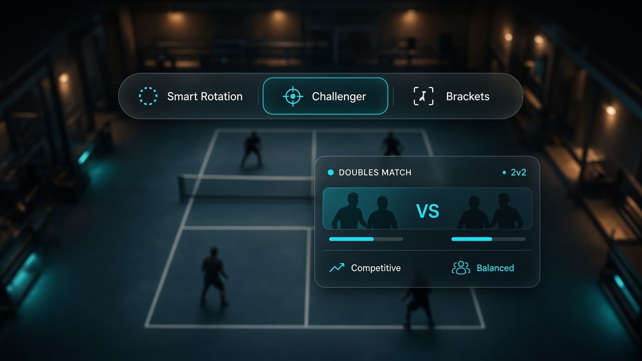 Pickleball court with matchmaking mode picker UI overlay